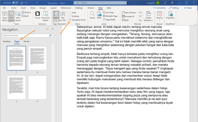 Navigation Pane Menampilkan Semua Halaman MS Word