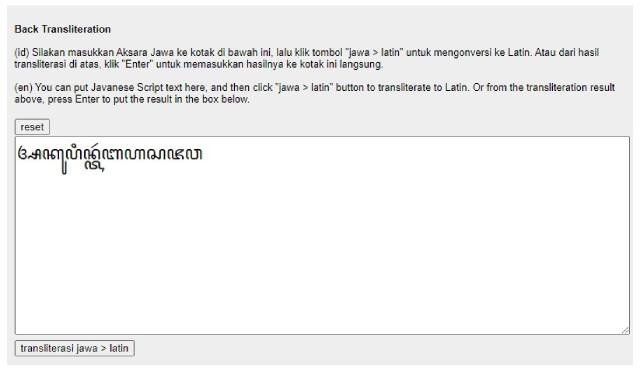 transliterasi aksara jawa ke latin di nulisa aksara Jawa