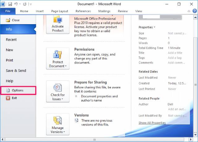 Menu Option MS Word 2010 Hilangkan Garis Merah