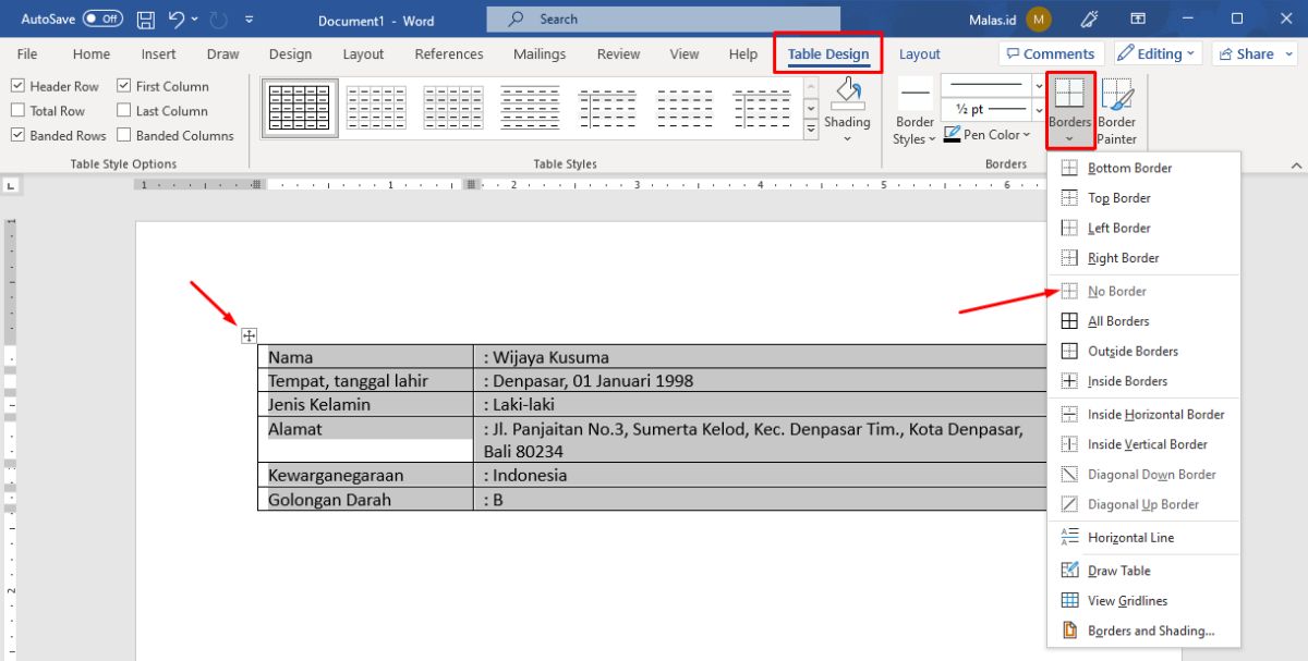 Blok tabel design borders pilih no border di Word