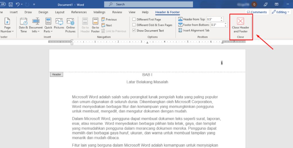 Menu Close Header and Footer Ms Word Halaman