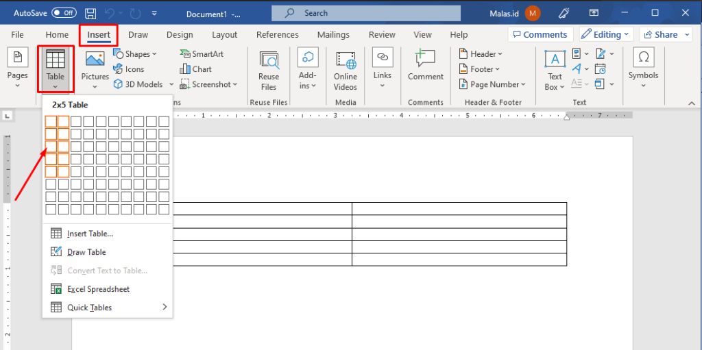 Menu Insert Table di Word