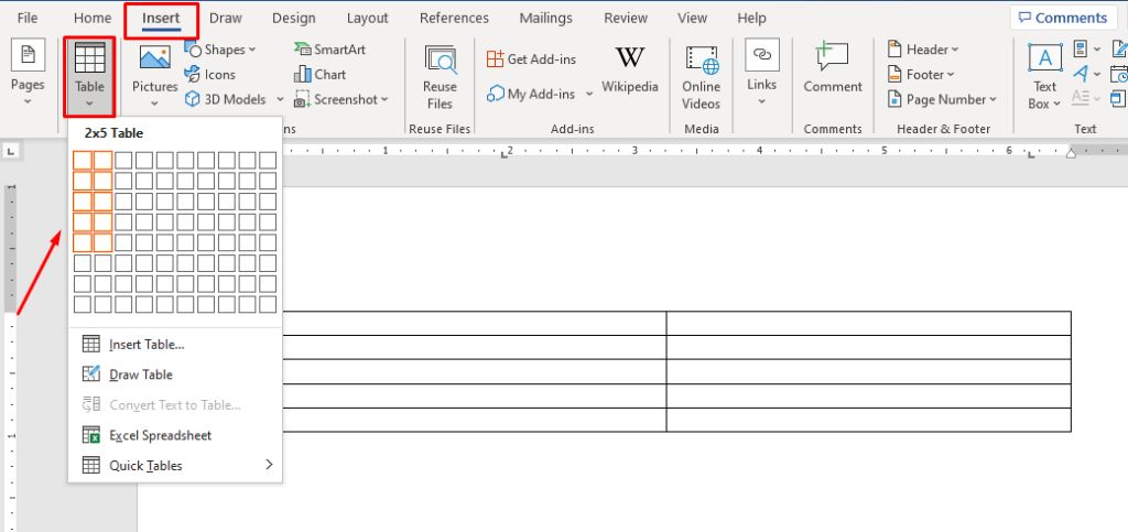 Menu Insert Table pilih Table di Word