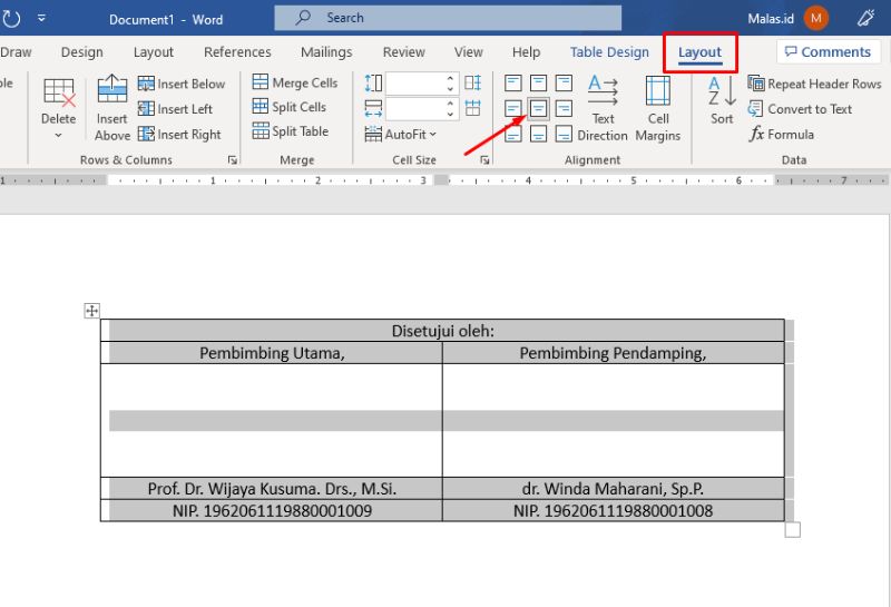 Menu Layout Align Center Tabel Word