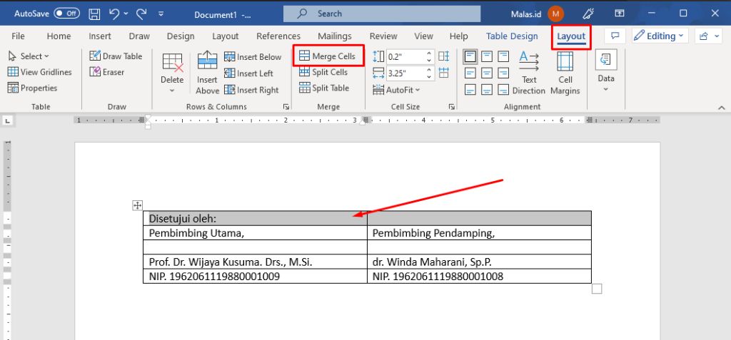 Menu Layout Merge Cells di Word