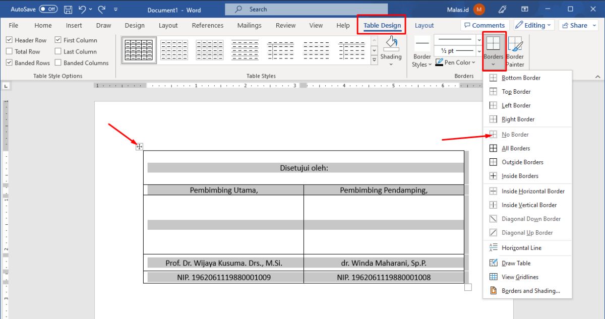 Menu Table Design No Border di Word