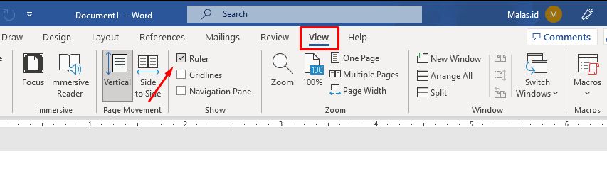 Menu View Show Ruler di Word