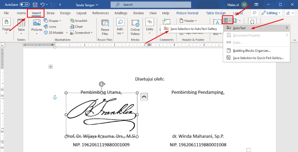 Menu insert quick parts autotext tanda tangan Word