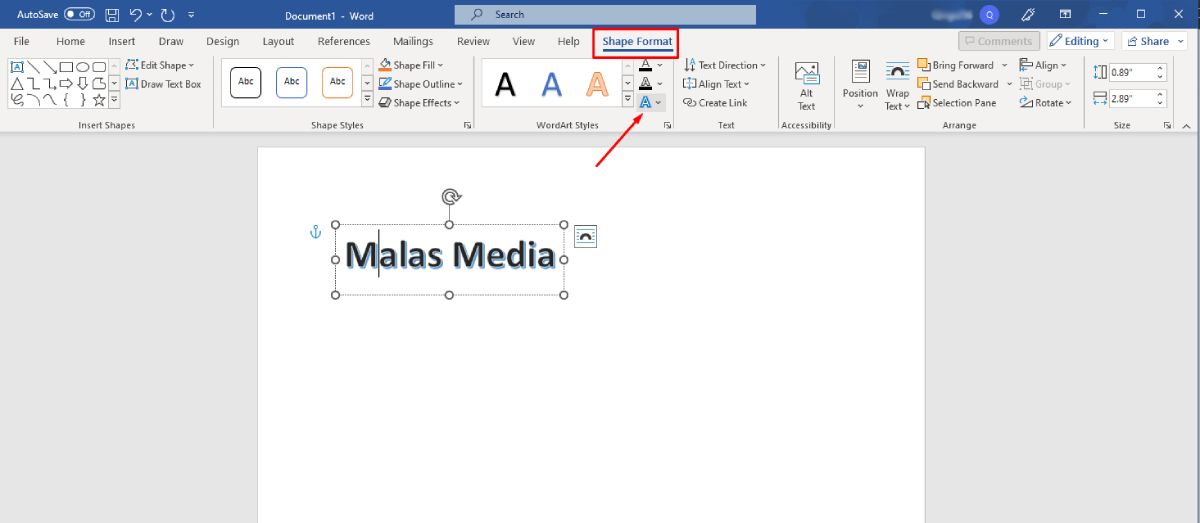 Pilih Shape Format lalu Text Effects Word