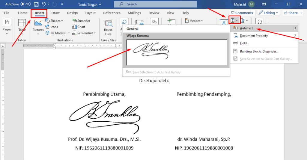 Pilih tanda tangan yang sudah disimpan Word