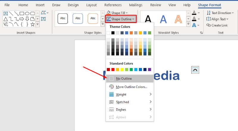 Shape Outline pilih No Outline Word
