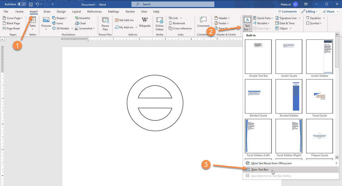 Klik Menu Insert Text Box Draw Text Box di Word Buat Tulisan Melengkung