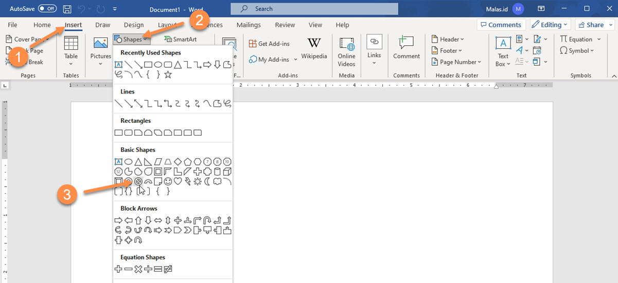 Klik menu Insert Shapes Not Allowed Symbol di Word