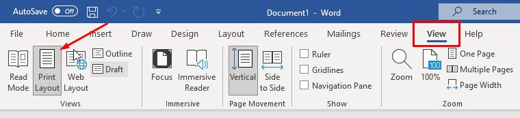 Menu view mode Print Layout di Word