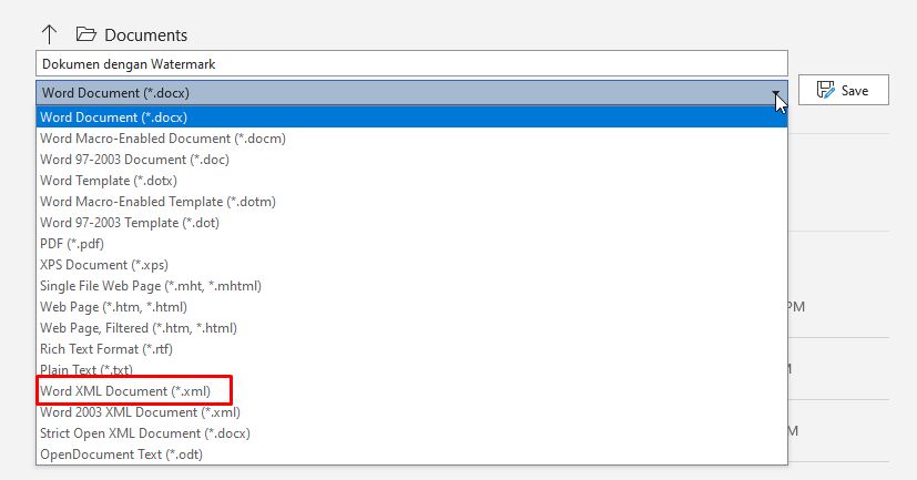 Save As Word XML Document XML di Word