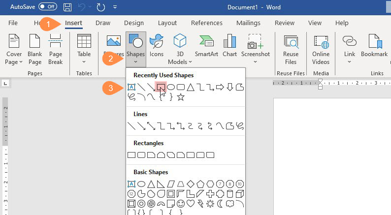 Cara membuat kotak di Word dengan Menu Shapes