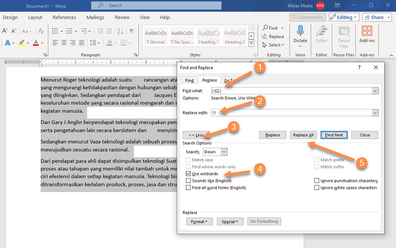 Find and Replace memperbaiki spasi berantakan di Word