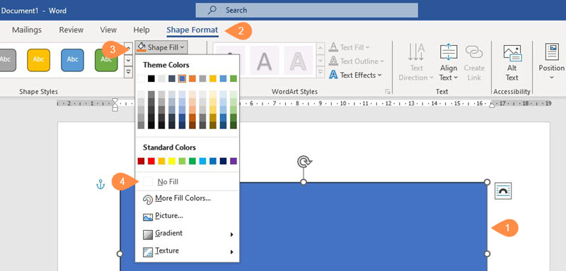 Menghilangkan warna kotak di Word shape fill