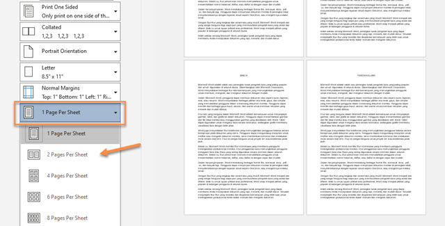 Menu 2 Pages per Sheet MS Word 2010 Keatas