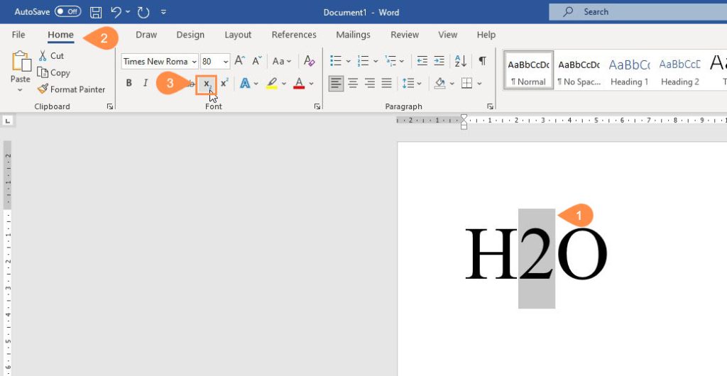 Cara membuat pangkat bawah di Word dengan Subscript