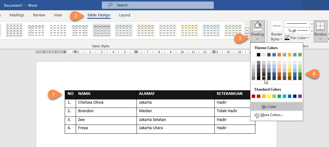 Memberikan Warna Pada Tabel di Word dengan Shading