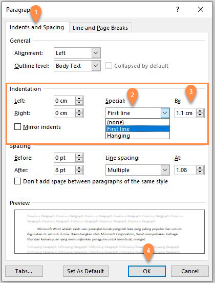 Mengatur jarak first line indent di Word