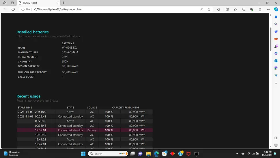 Laporan installed batteries dan recent usage laptop Windows