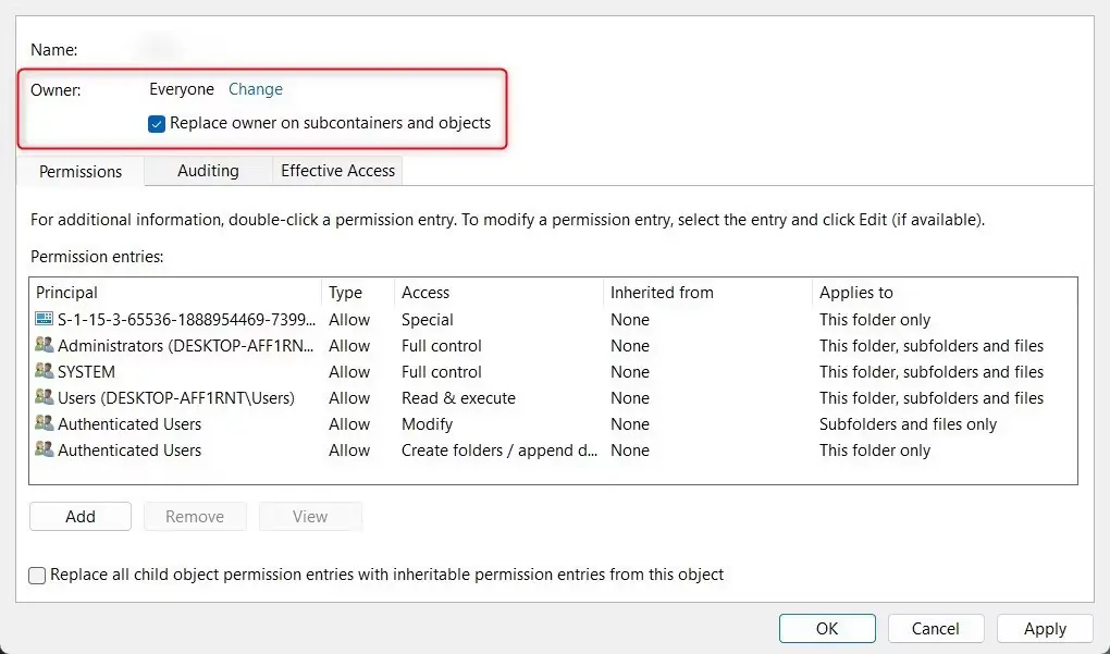 Replace owner on subcontainer and objects di Windows